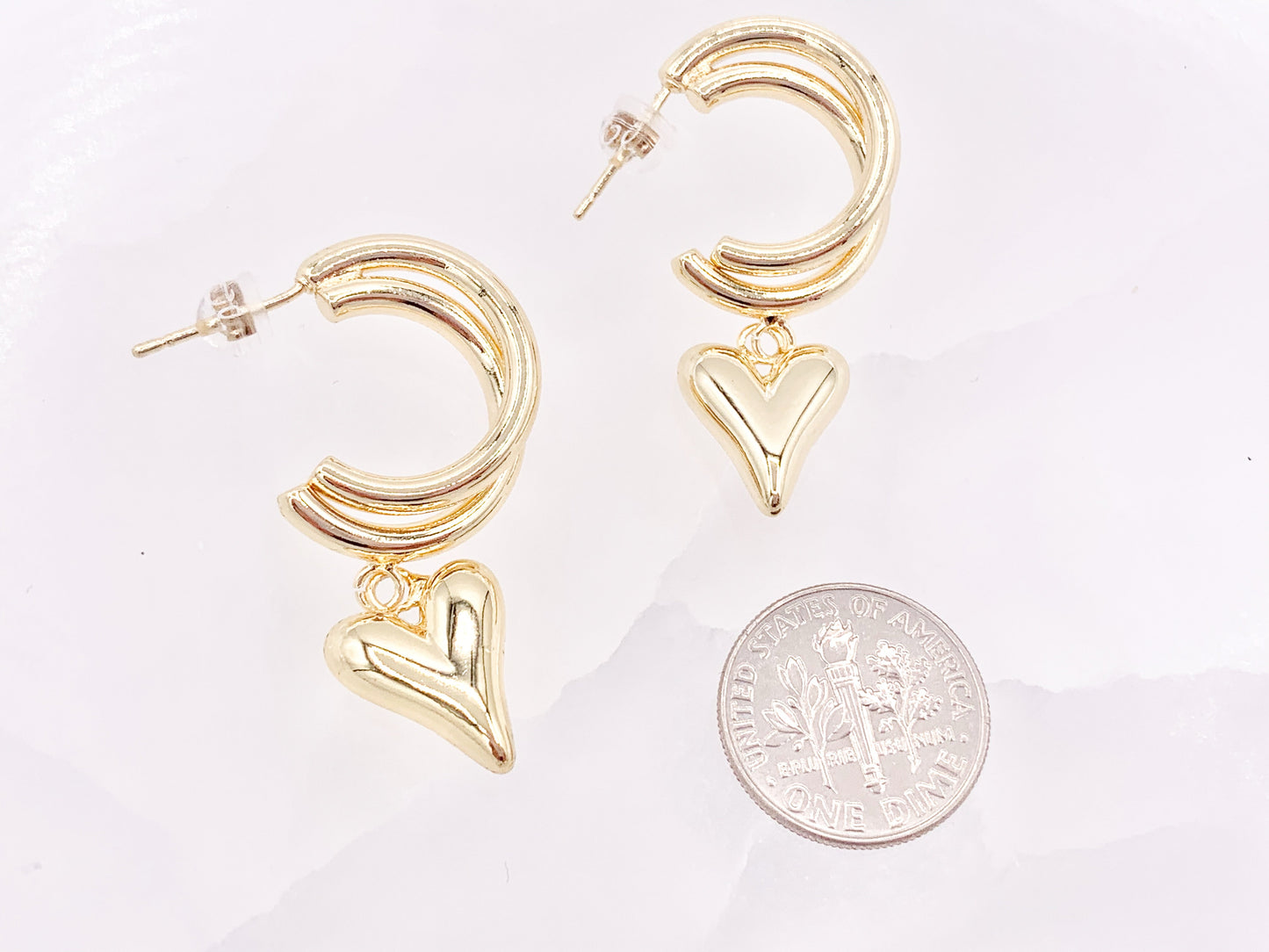 Double Hoop Heart Dangle Huggies in 18K Gold or Silver Plated Copper 3 pairs