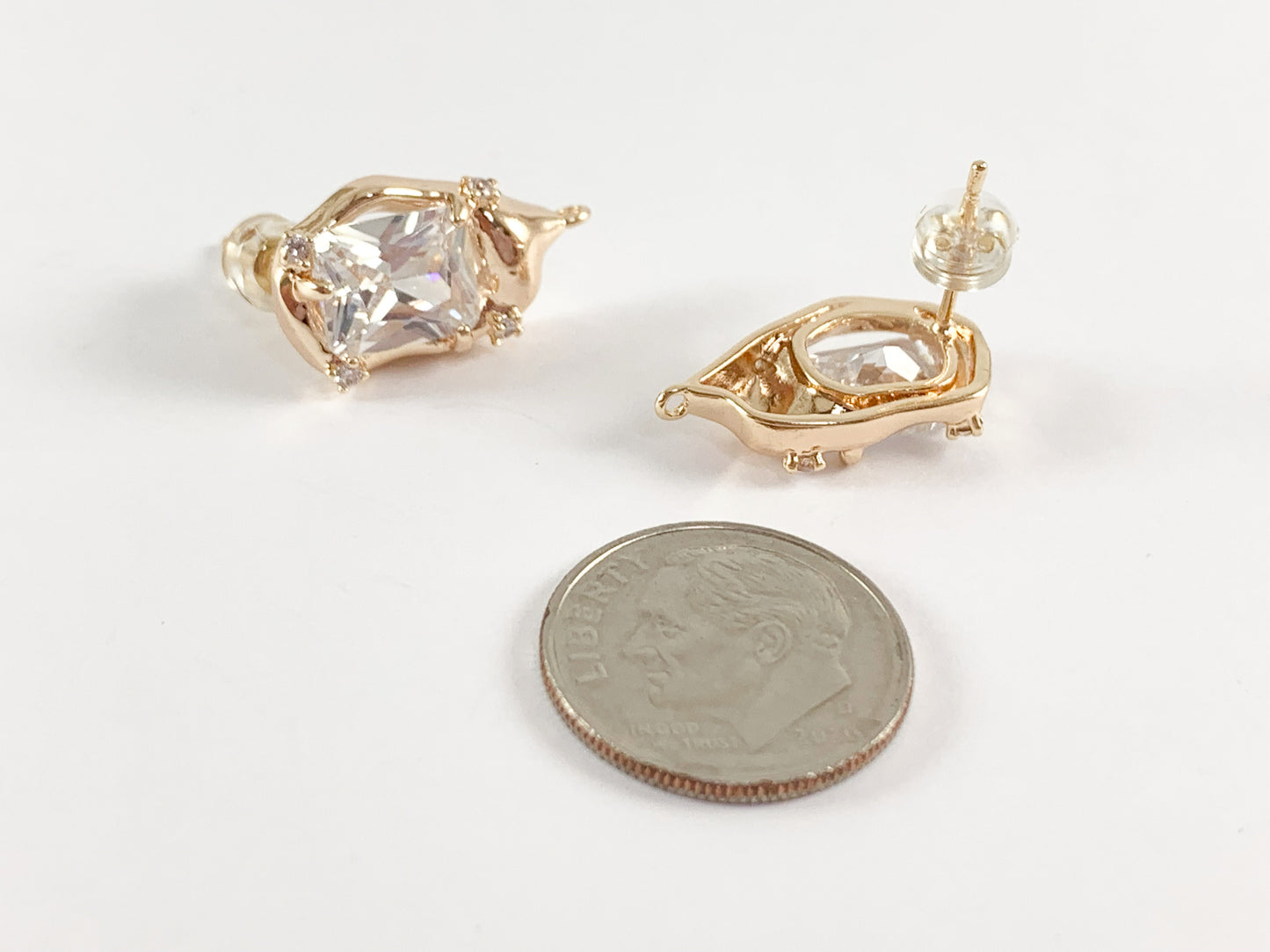 DIY Unique Dazzling Emerald Cut CZ Pave Gold Earring Studs Component with loop in 18K Gold Plated Over Brass Earrings 4 pairs