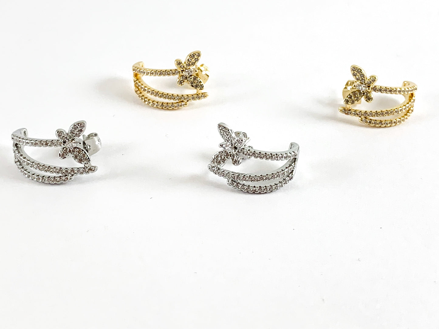 Real 18K Gold/Platinum Plated CZ Pave Wrap Butterfly Triple Band Earring Over Copper 3pairs
