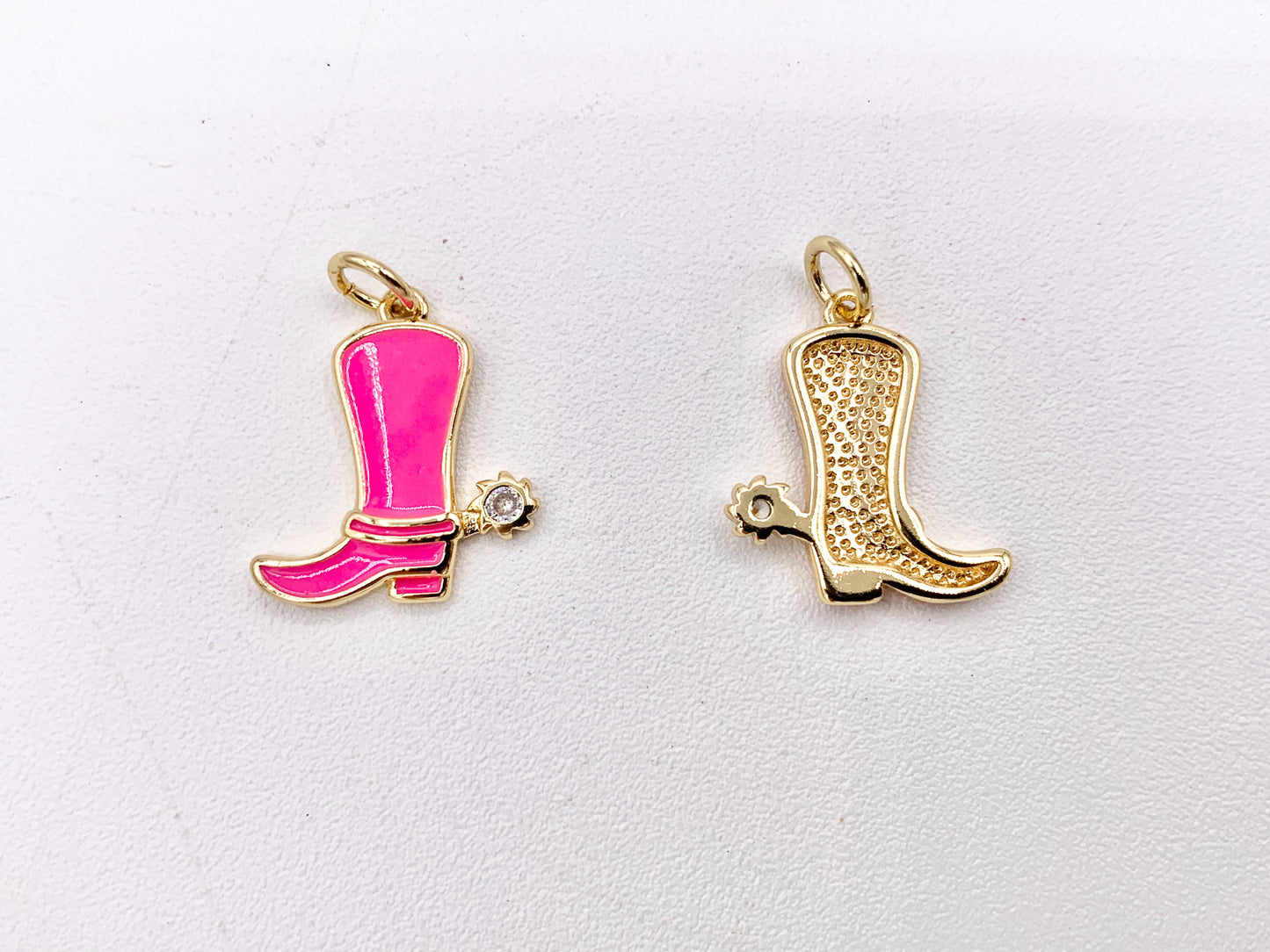 Pink White Western Cowboy Boots Texas Ranch One Sided Enamel Pendant Charms in CZ Pave 18K Gold Plated Copper 8pcs