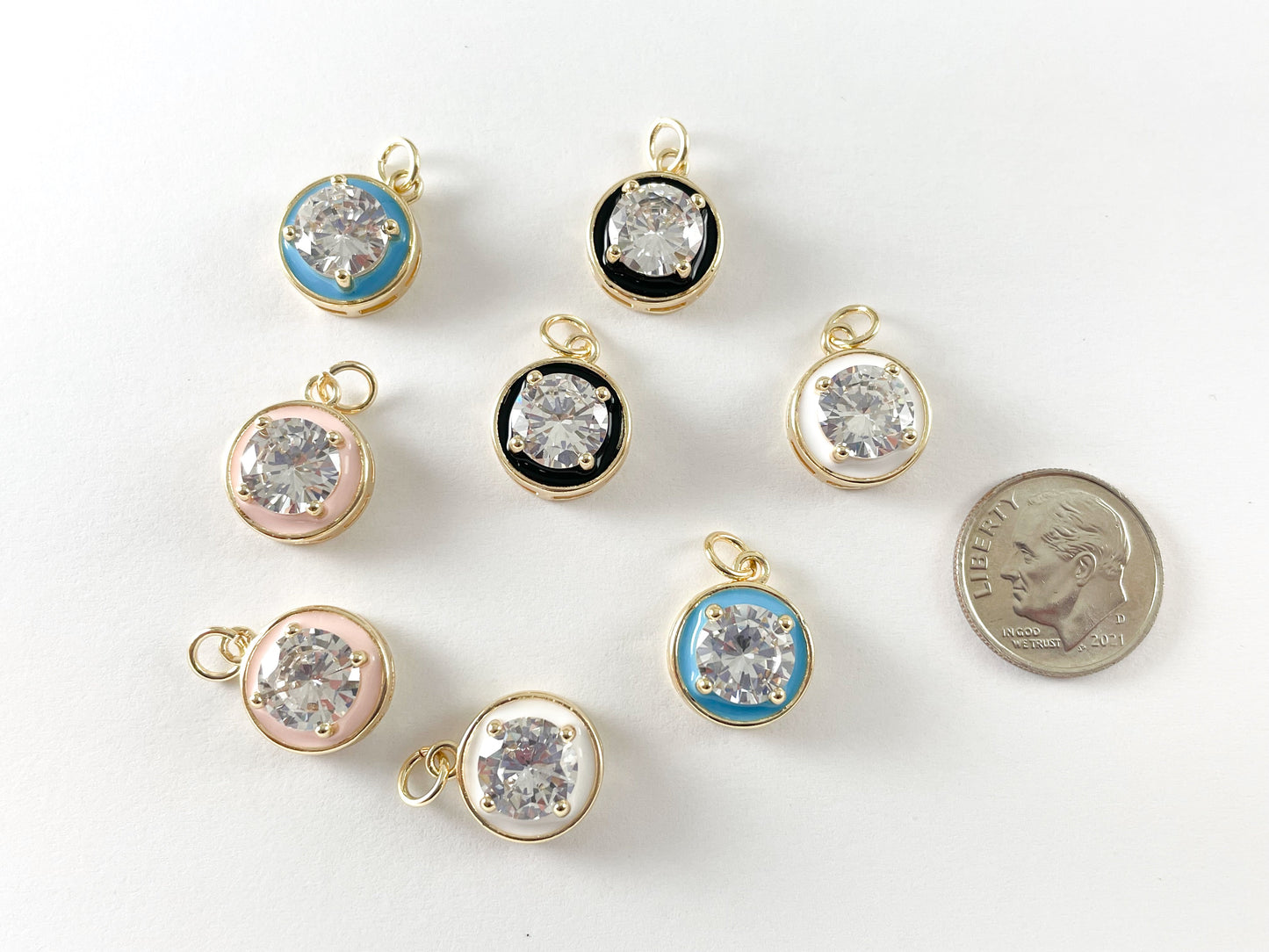 18K Gold Plated Enamel CZ Pave Coin Charms Over Copper 6pcs
