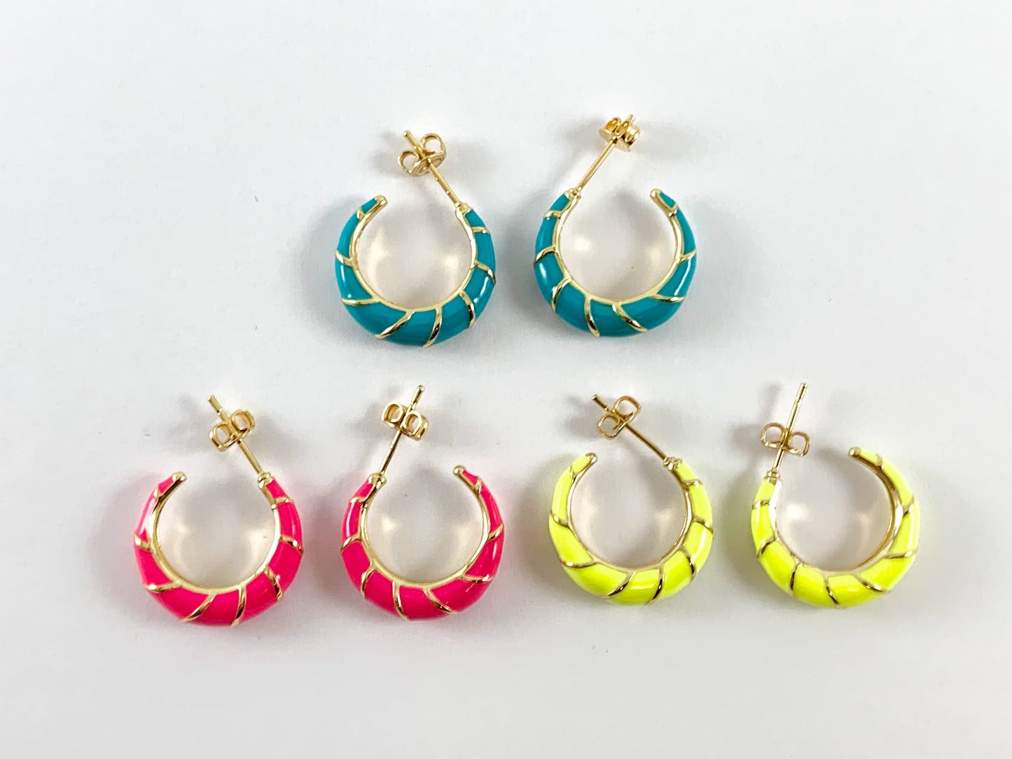 Real Gold 18K Plated Enamel Pastel Neon Gold Earring Hoops 3 pairs