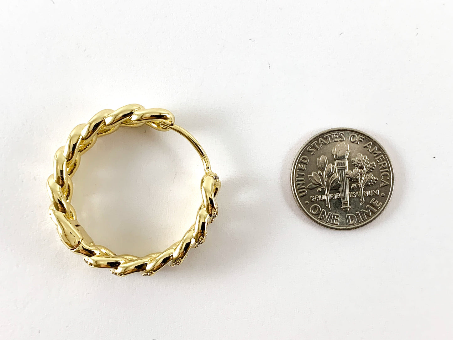 Real Gold 18K Plated CZ Pave Enamel Cuban Link Earring Hoops 1 pair