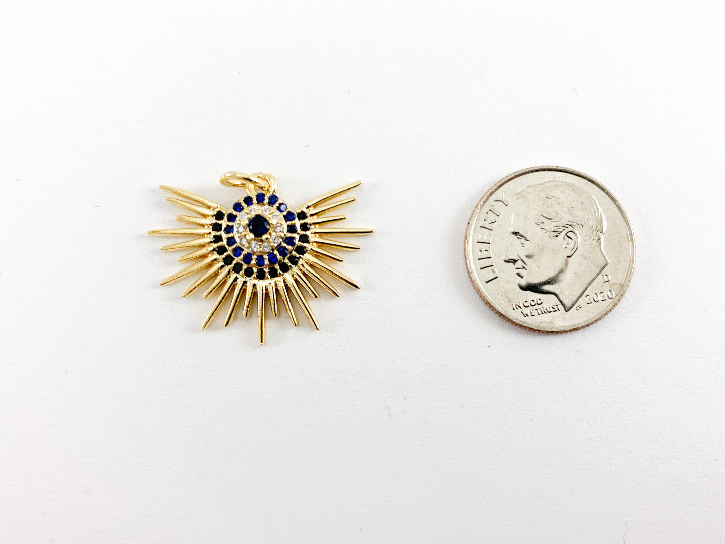 Real Gold 18K Plated Micro CZ Pave Evil Eye Sunburst Charm Pendant Over Copper 6pcs