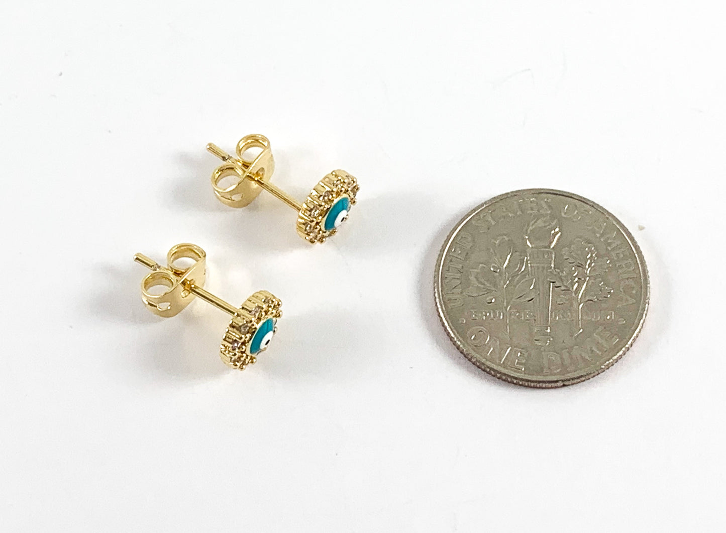 Real Gold 18K Enamel CZ Pave Turquoise Evil Eye Pave Stud Earrings over Brass 5 pairs