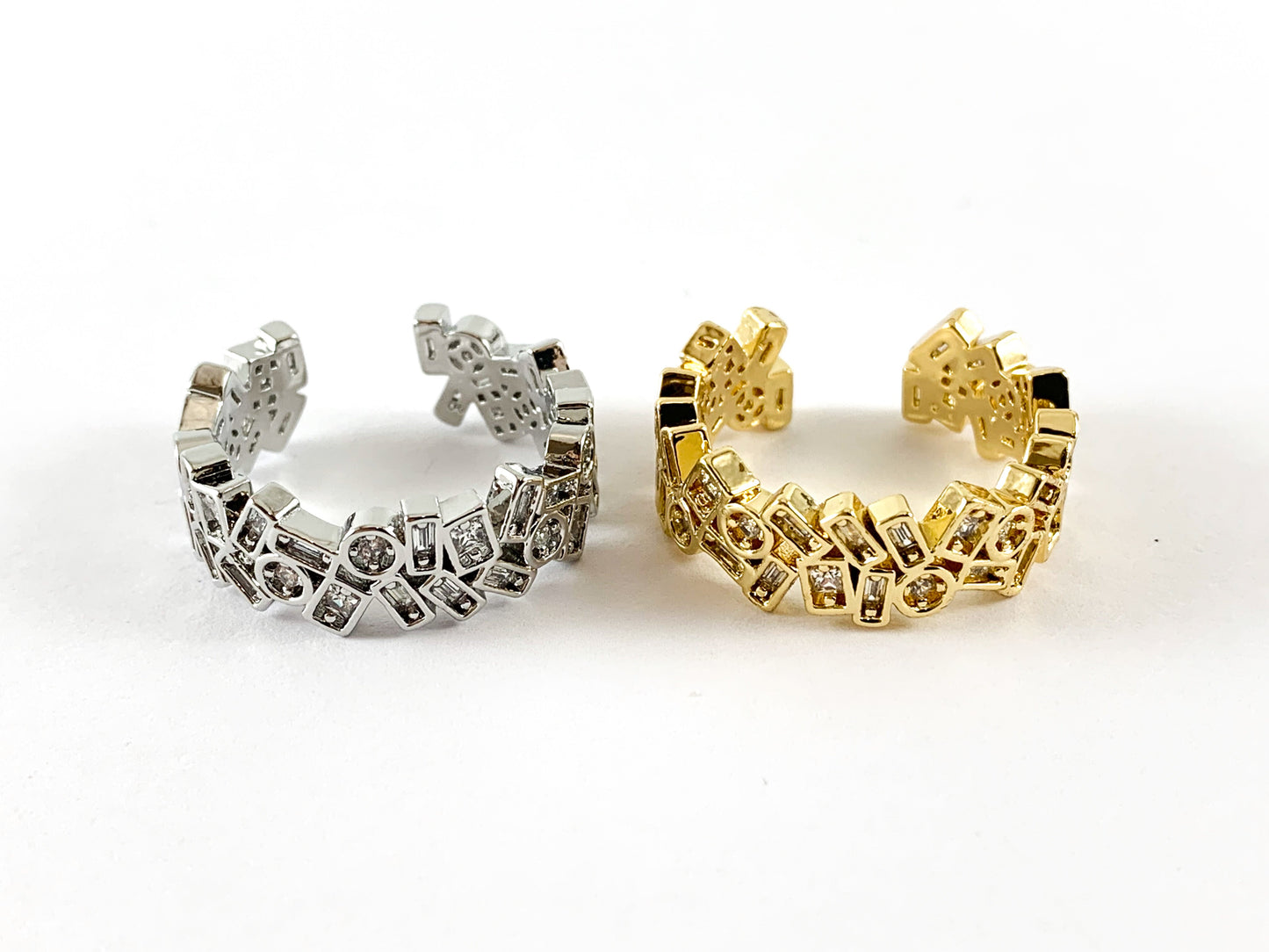 Real Gold 18K Plated/Platinum Plated Copper CZ Pave Adjustable Ring 3pcs