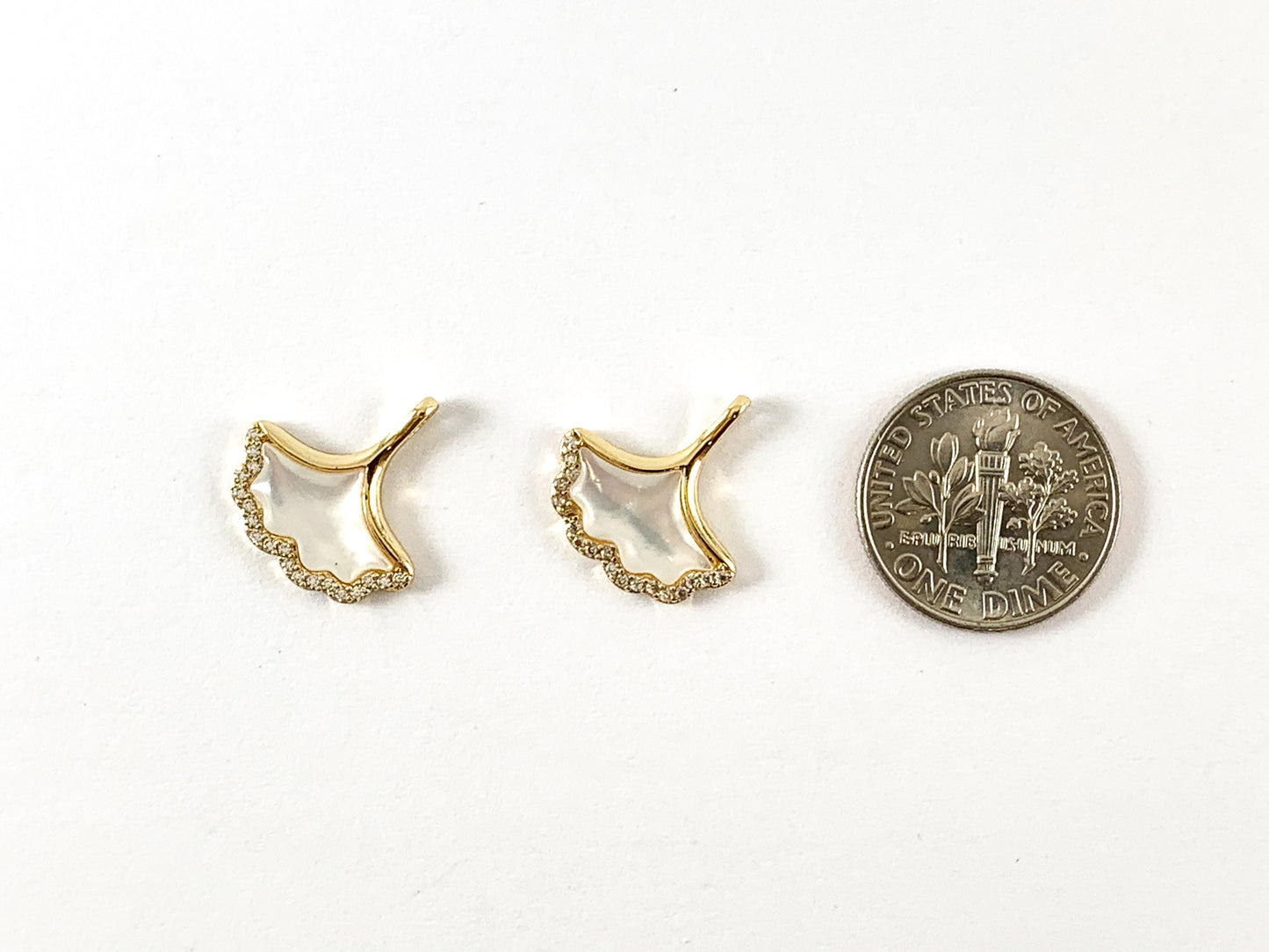 Real Gold Plated 18K Micro CZ Pave Ginkgo Leaf White Lip Shell Charm Over Copper 6pc