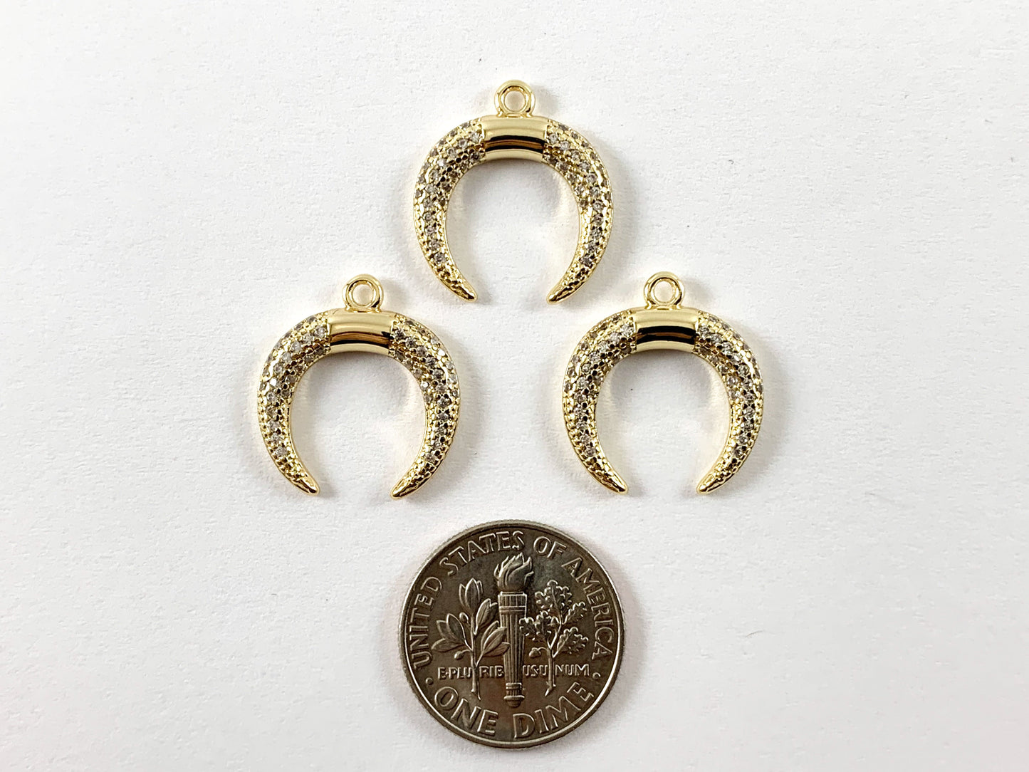 Real Gold 18K Plated Micro CZ Bullhorn/Crescent Shaped Pave Pendant Over Brass 5pc