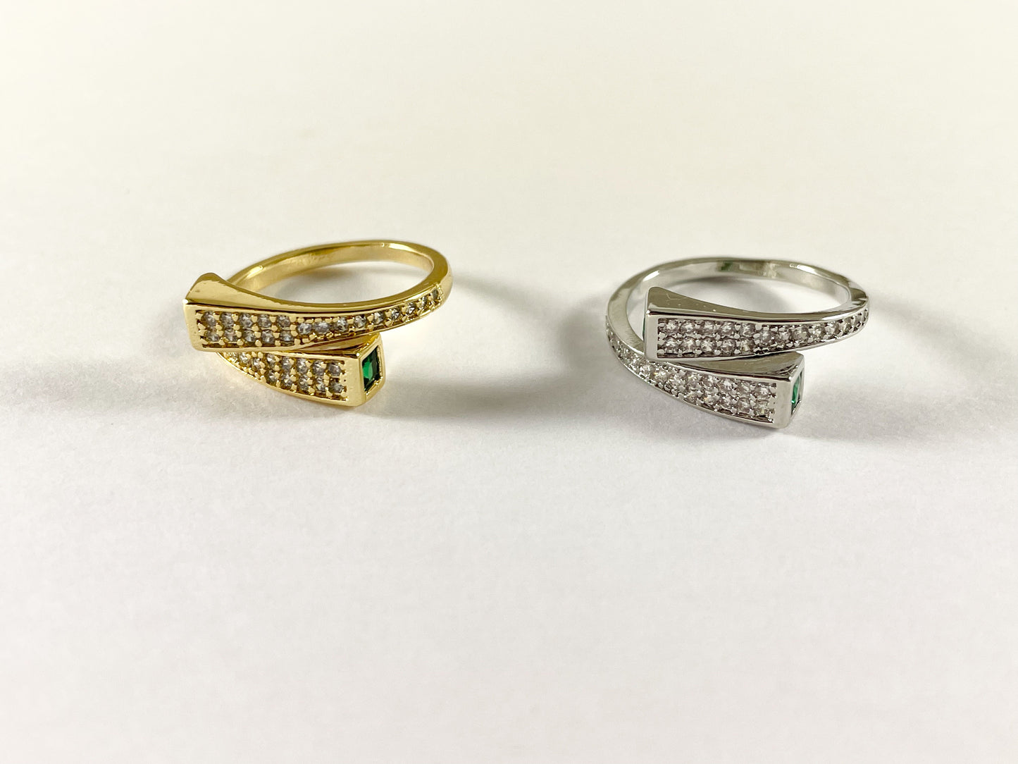 18K Real Gold/Platinum Plated CZ Pave Green Bypass Adjustable Ring 5pcs
