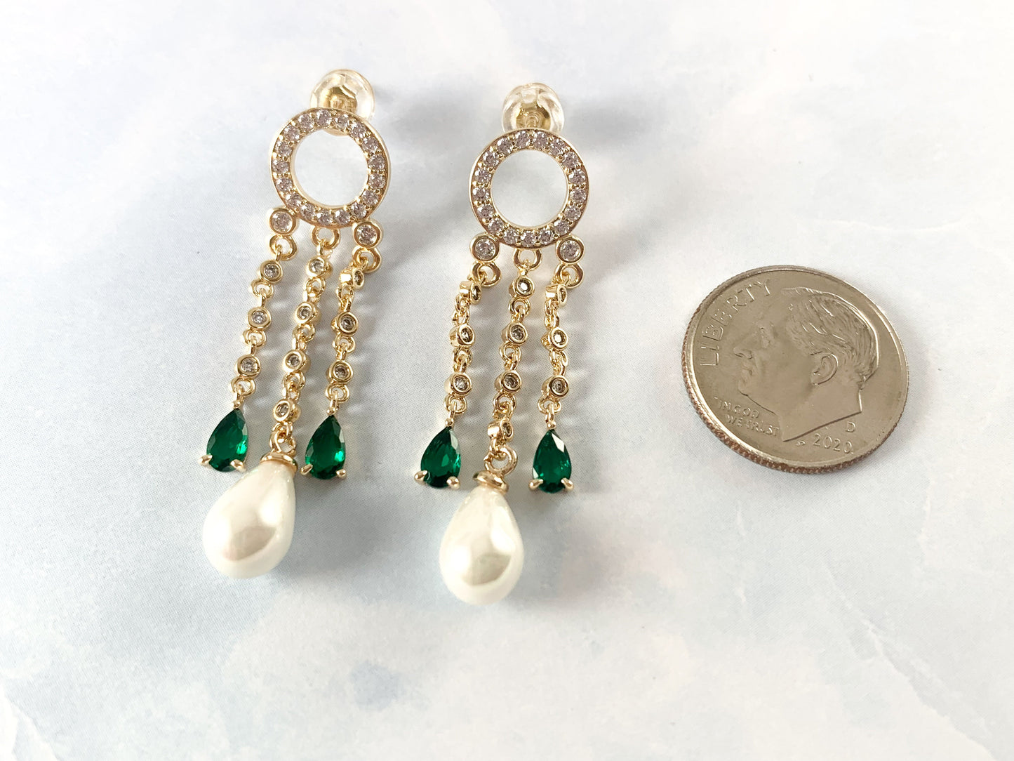 Pearl drop Earrings Circle Green CZ Emerald Tassel Earrings in Real 18K Gold or Silver Plated Drop Tassel Earring Over Copper 1 pair