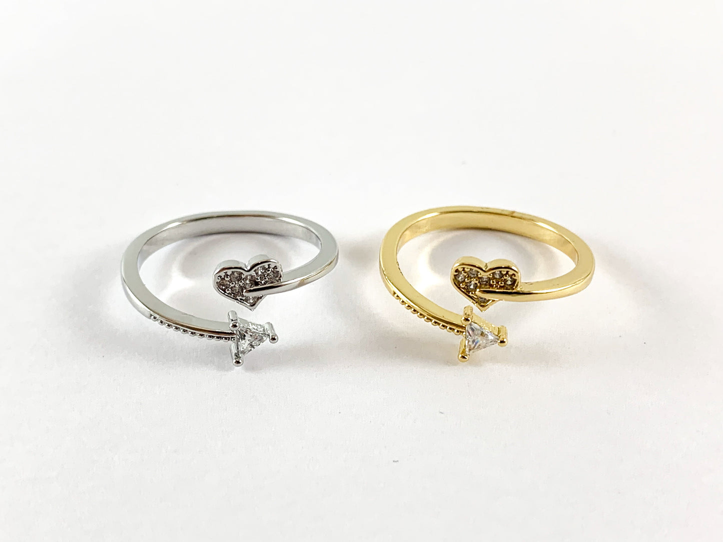 Real Gold 18K Plated Copper CZ Pave Heart Arrow Bypass Adjustable Ring 4pcs