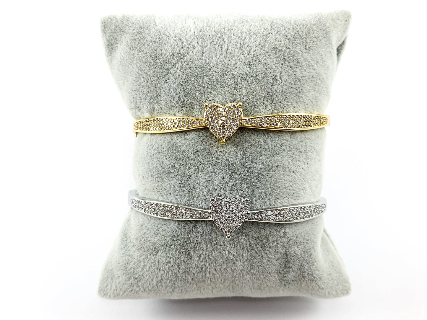 Real Gold/Platinum 18K Plated Copper CZ Pave Heart Bracelet Cuffs