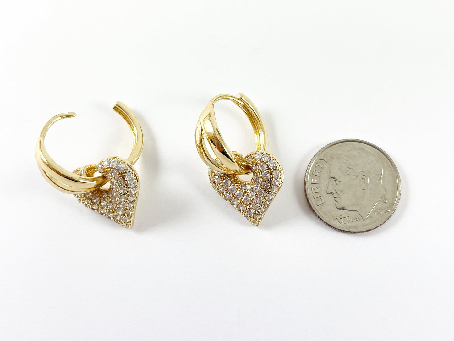 Real Gold/Silver 18K Micro CZ Pave Dangle Heart Earrings Huggies 3 pairs