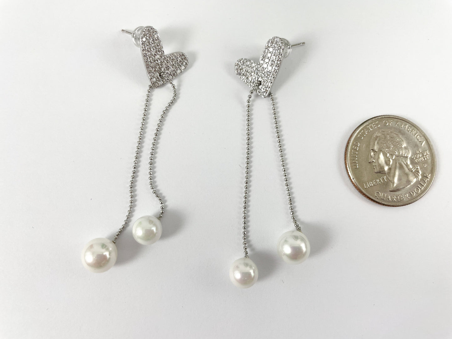 18K Gold/Platinum Plated CZ Pave Pearl Dainty Delicate Heart Fringe Tassel Earrings Over Copper 1 pair