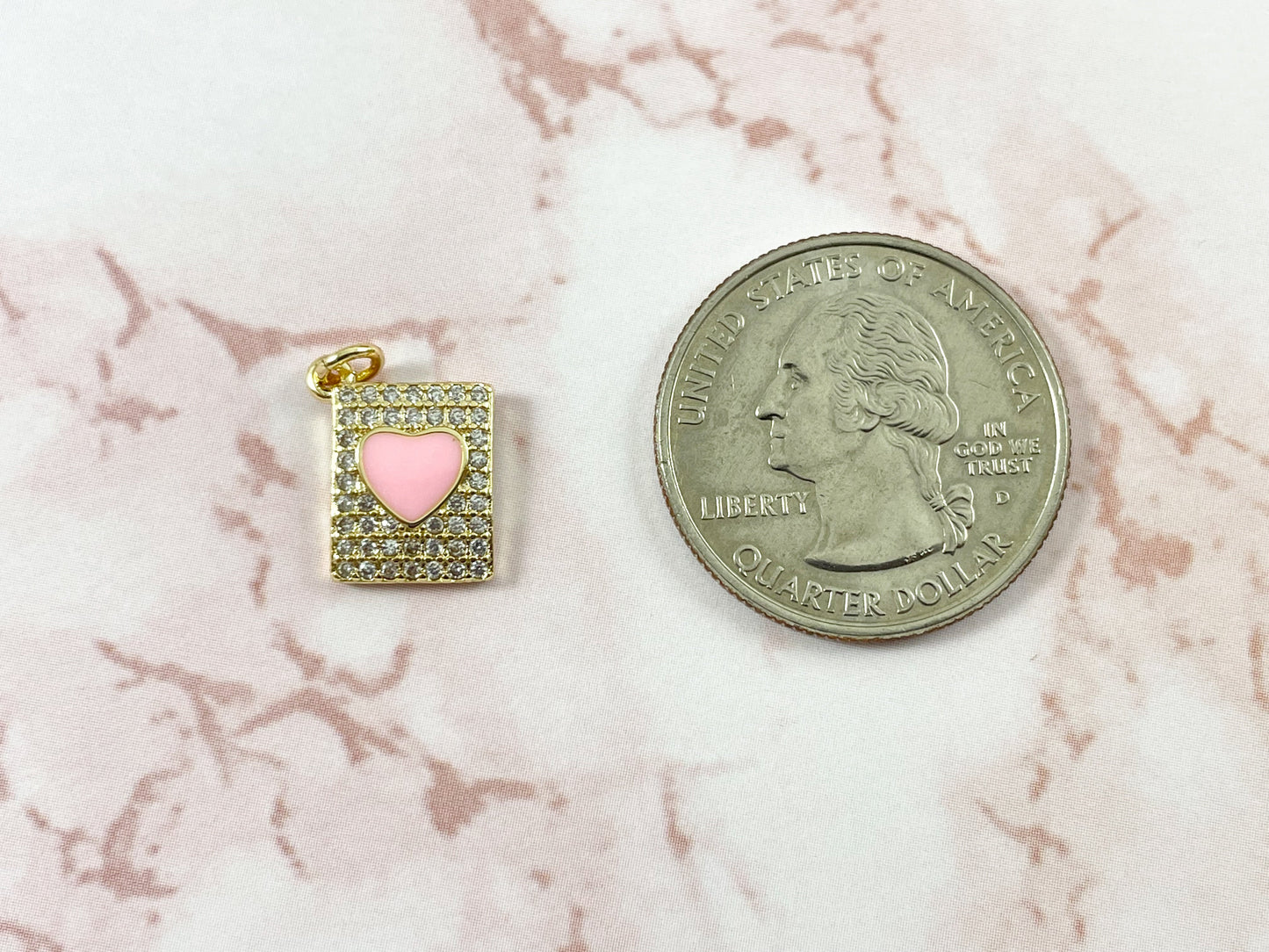 Gold 18K Plated Pink Heart Enamel Rectangle Tag Pendant Charm Over Copper 6pcs