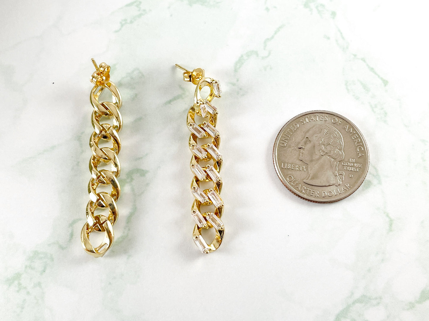 Real 18K Gold/Silver Plated Baguette CZ Pave Chain Link Dangle Earring Post Over Copper 3 pairs