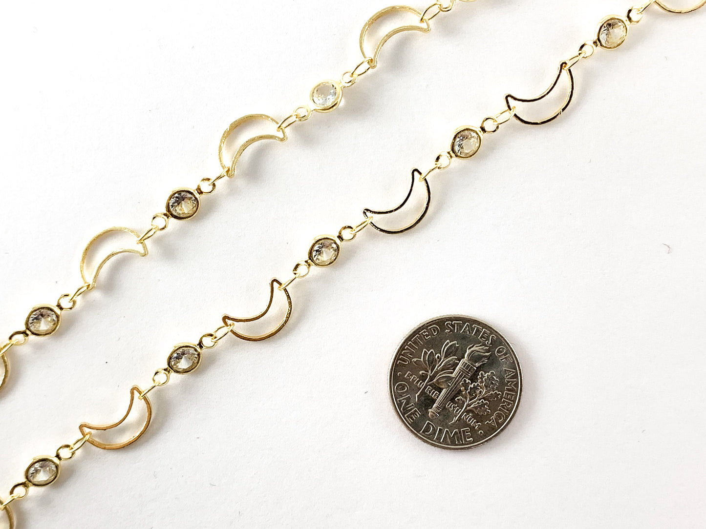 18K Gold Plated Moon Crescent Dainty Chain with Clear Coin Crystals