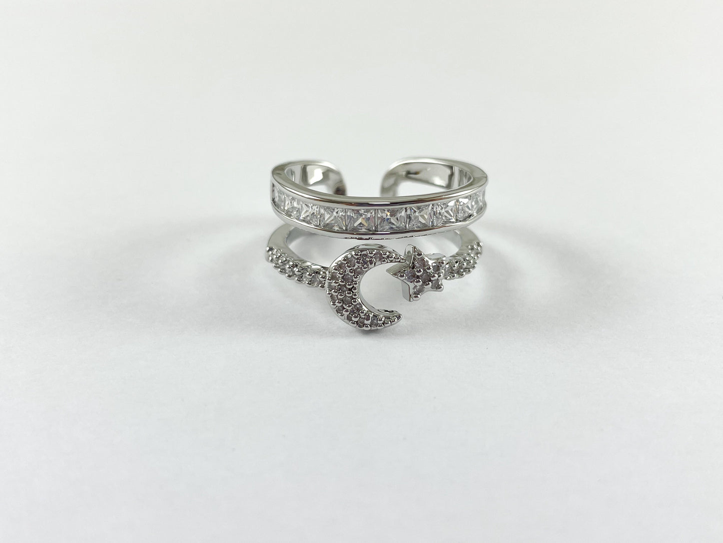 18K Gold and Platinum Plated Double Banded CZ Pave Moon Star Adjustable Ring 4pcs
