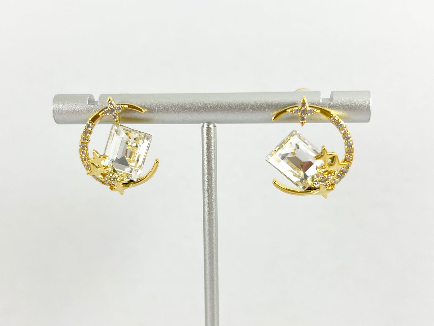 Gold CZ Pave Moon Crescent Starburst Celestial Earring Studs in 18K Gold Plating over Copper 3 pairs