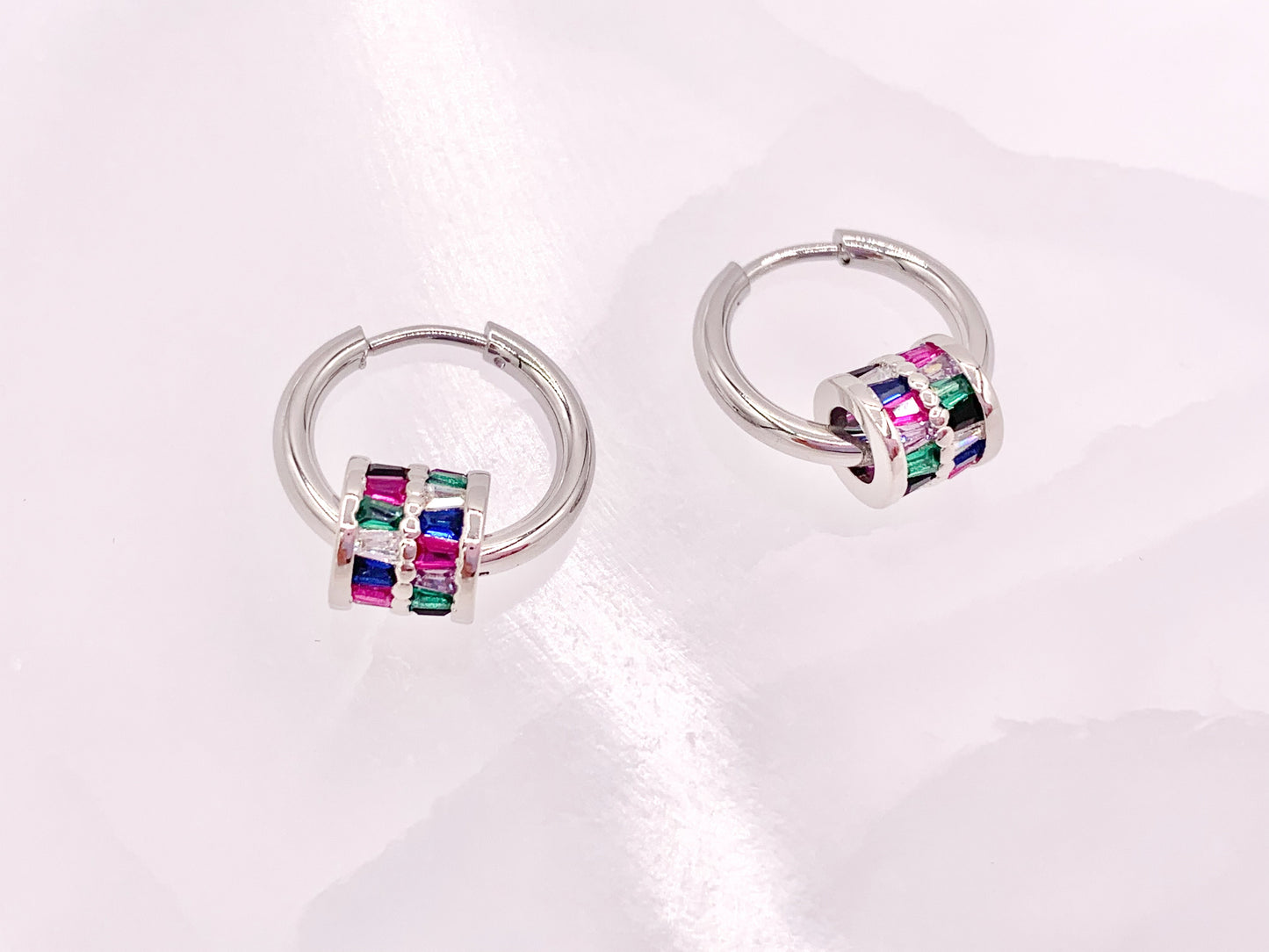Trendsetting Gorgeous Cubic Zirconia Barrel Beads Large Hole Bead Dangle Earring Huggies in 18K Gold/Silver Plated Copper 3 pairs