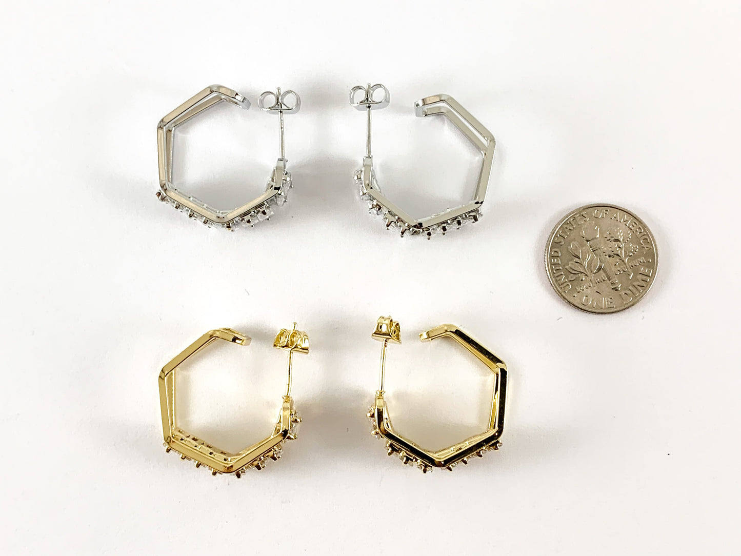Real Gold/Platinum 18K Plated CZ Pave Brass Hexagon Earring Hoop 3 pairs