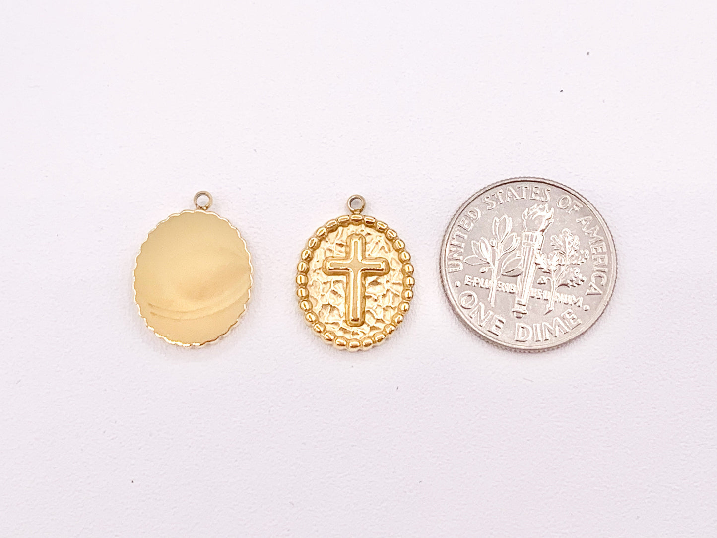 Intricate Religious Cross Rosary Oval Charms in 18K Gold plated over Copper 10 pcs