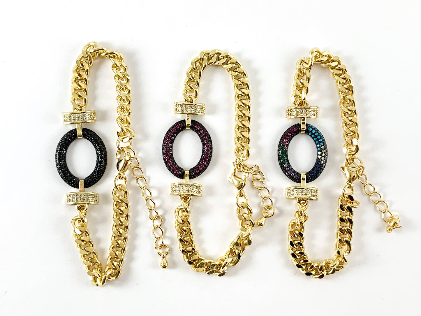 18K Gold Plated CZ Pave Oval Cuban Link Bracelet with Extender 1pc