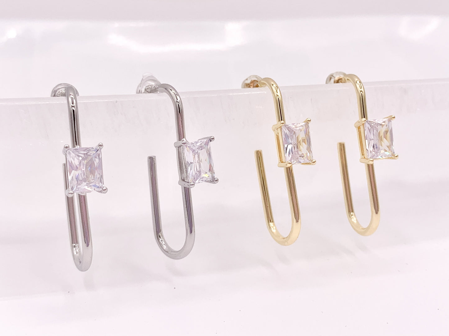 Minimal Paperclip Earring with Cubic Zirconia Emerald Cut Rhinestone in 18K Gold Silver Plated Copper Earrings 4 pairs