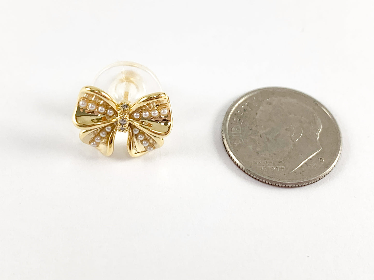 Cute Bowtie Studs with Pearls and CZ Pave in 18K Gold or Silver plated Copper 4 pairs