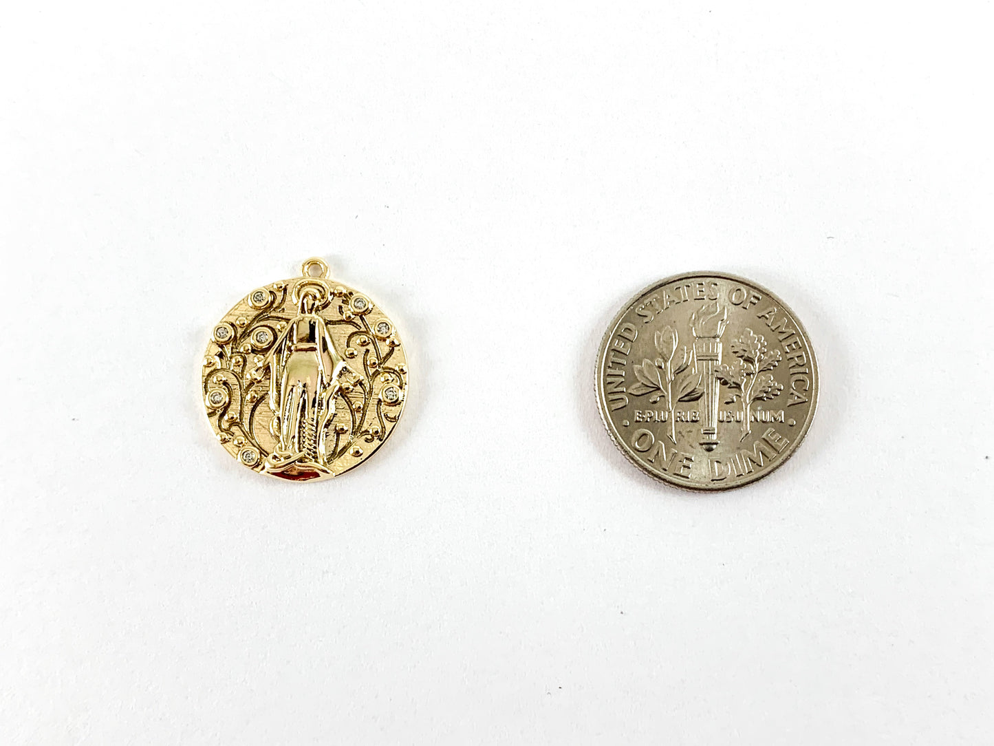 Real Gold 18K Plated CZ Pave Miraculous Medal Catholic Mary Charm Pendant Over Brass 5pcs
