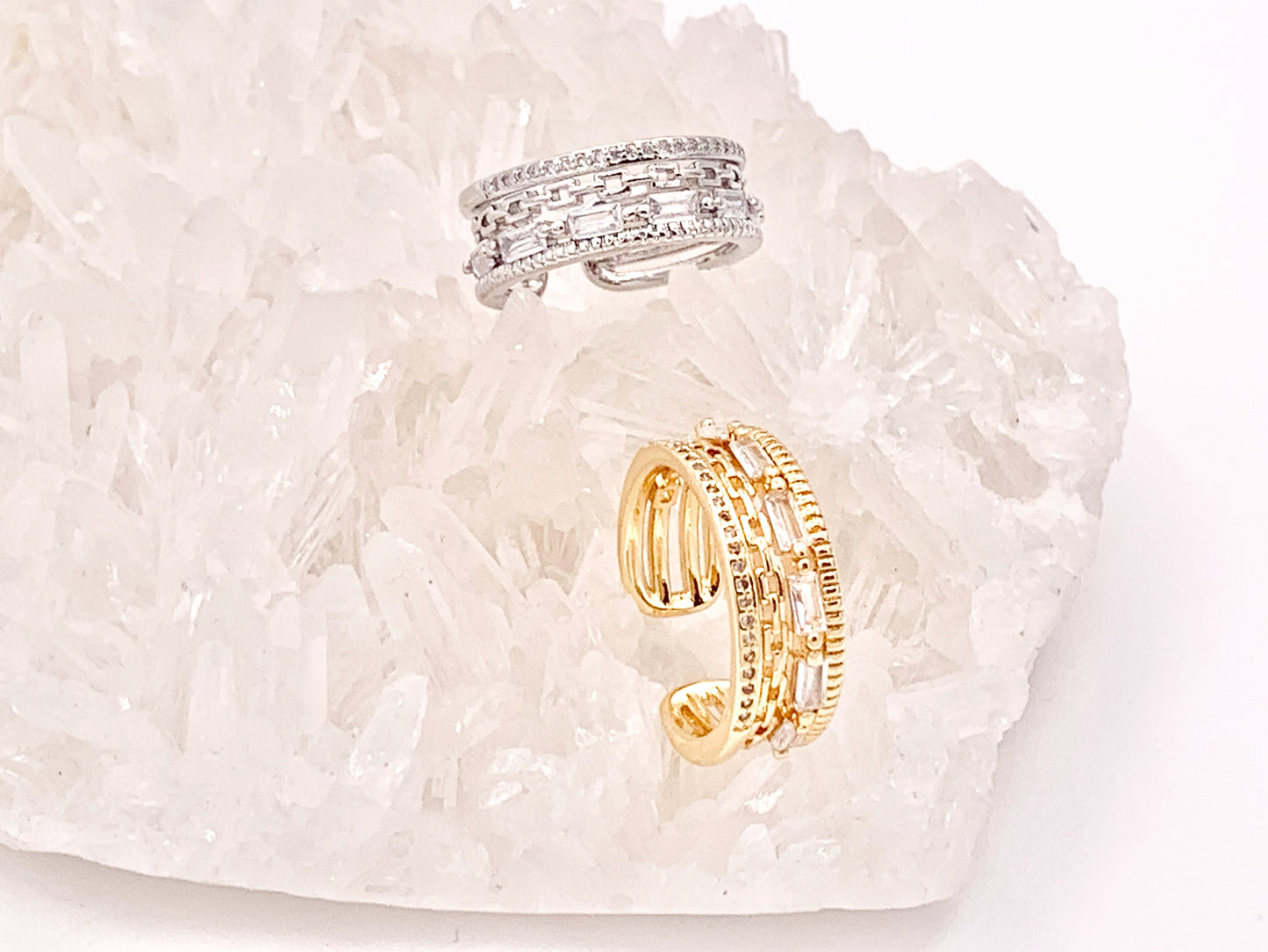 Vibrant Quadruple Quad CZ Pave Baguette Link Rings in 18K gold or Silver Plated Copper 4 pcs
