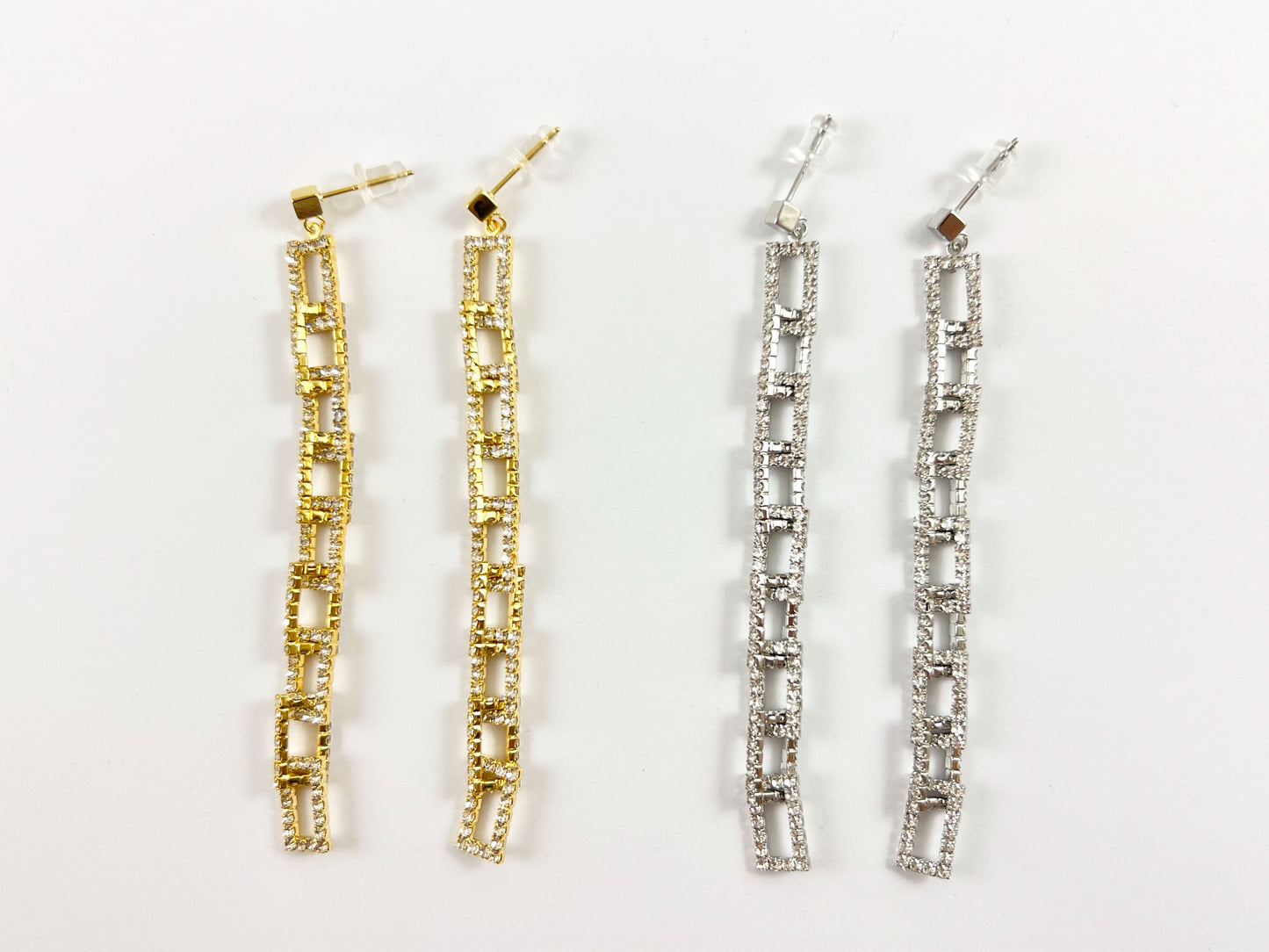 Gold or Silver CZ Pave Rectangle Link Dangle Earrings in 18K Gold Plating over Copper 2 pairs