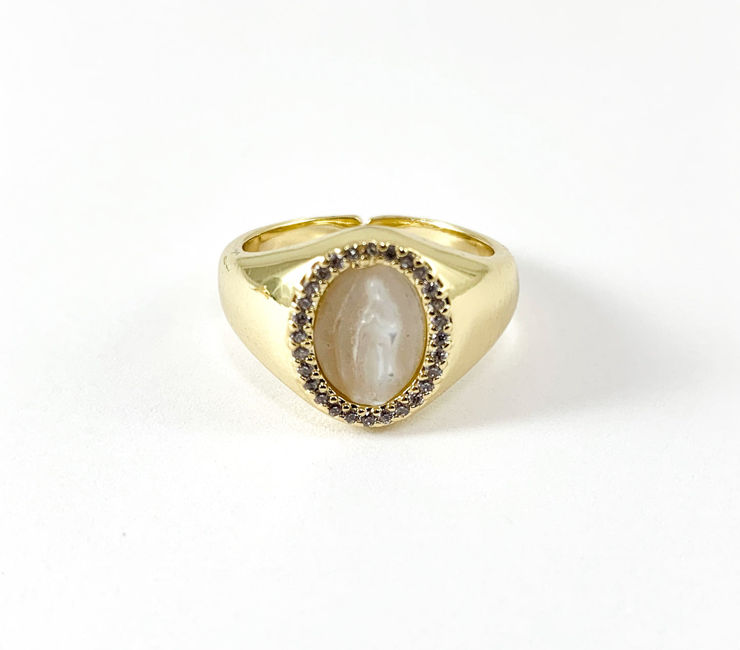 Real Gold 18K Plated CZ Pave Mother of Pearl Shell Religious Virgin Guadalupe Signet Ring 4pc