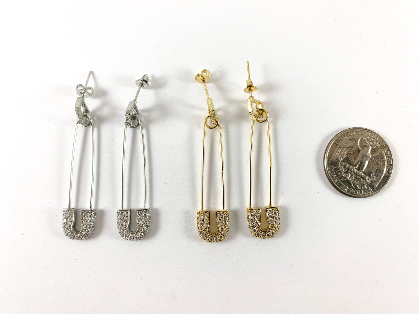 Real Gold/Platinum 18K Plated CZ Pave Safety Pin Dangle Earring 2 pairs