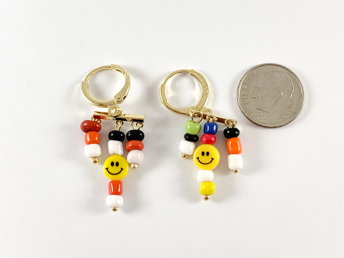 Cute Multi Smiley Face Seed Bead Dangle Earring Huggies in 18K gold or silver plating over copper 3 pairs