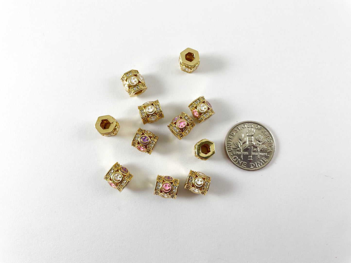 Pastel Smiley Beads - Enamel CZ Pave Hexagon Spacer Component Beads Over Copper 6pcs