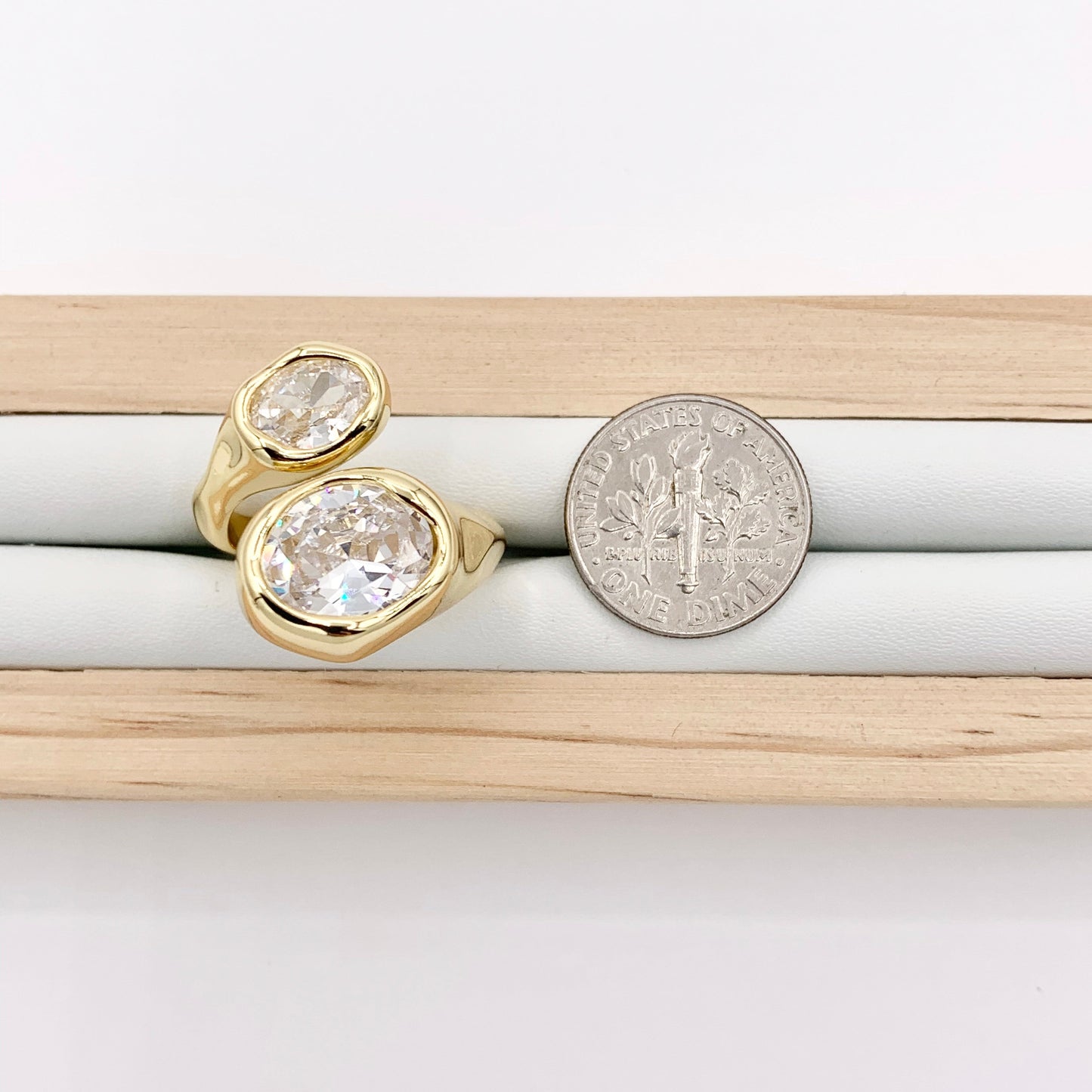 Beautiful Eye Catching Soldered Cubic Zirconia Bypass Adjustable Rings in 18K Gold and Silver Plated Copper 4 pcs