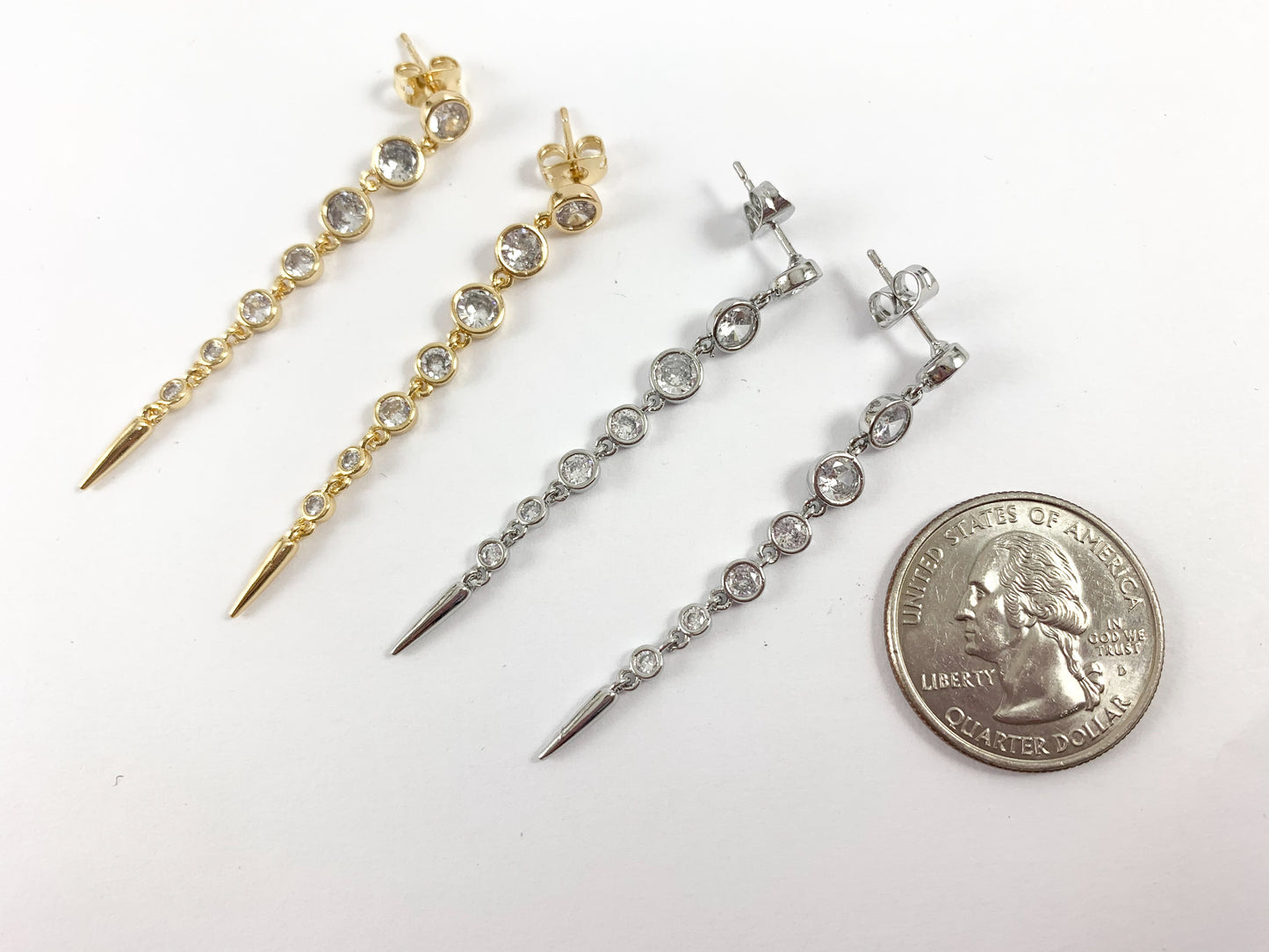 Long Coin Chain Link CZ Pave Spike Earrings in 18K Gold or Silver plated over Copper 3 pairs