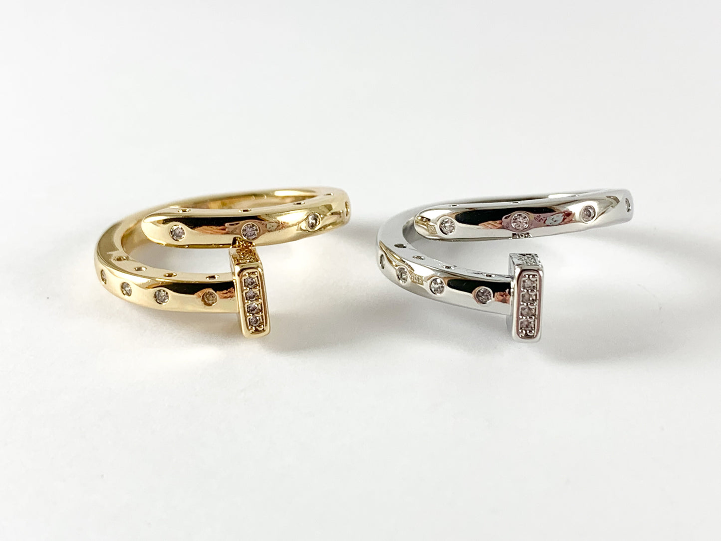 Real 18K Gold and Platinum Plated CZ Pave Square Bypass Nail Ring 4 pcs