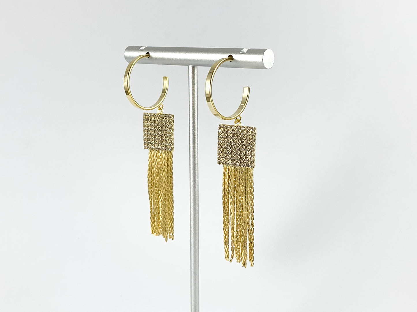 Real 18K Gold/Silver Plated CZ Pave Square Tassel Earring Over Copper 1 pair