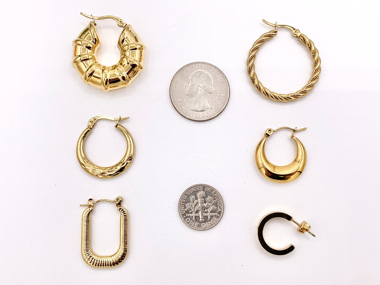 Stainless Steel Round Hoops Hinge Back Earrings in 18K Gold plated Stainless Steel 3-4 pairs