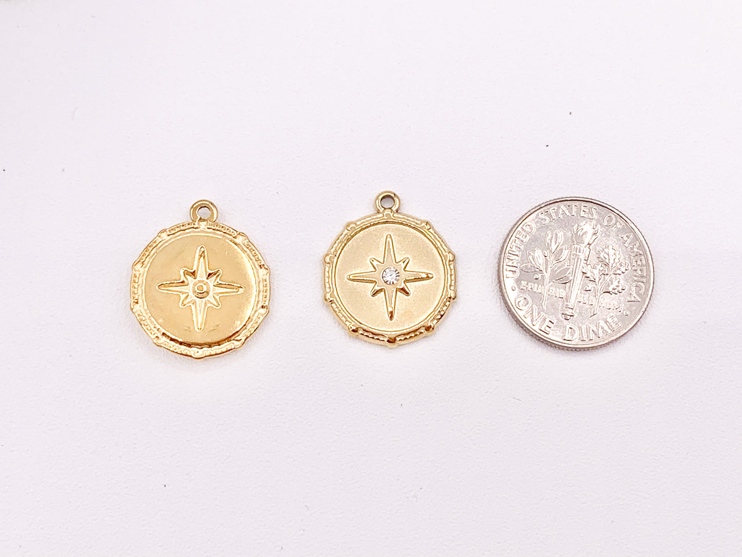 Charming Starburst Coin Circle Charms with CZ Pave in 18K Gold plated Copper 10pcs