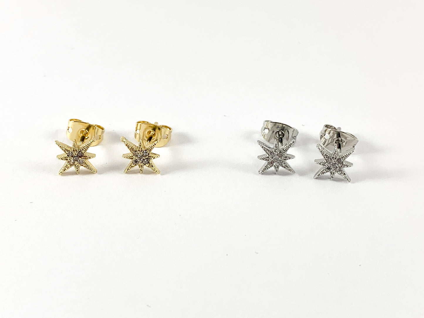 Real 18K Gold/Platinum Plated Pave Starburst Tiny Earring Stud Over Copper 5 pairs