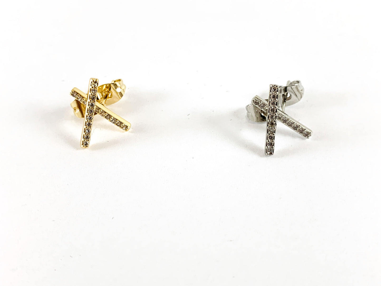 Real 18K Gold/platinum Plated CZ Pave Bar Line Stick Earring Stud Over Copper 5pairs