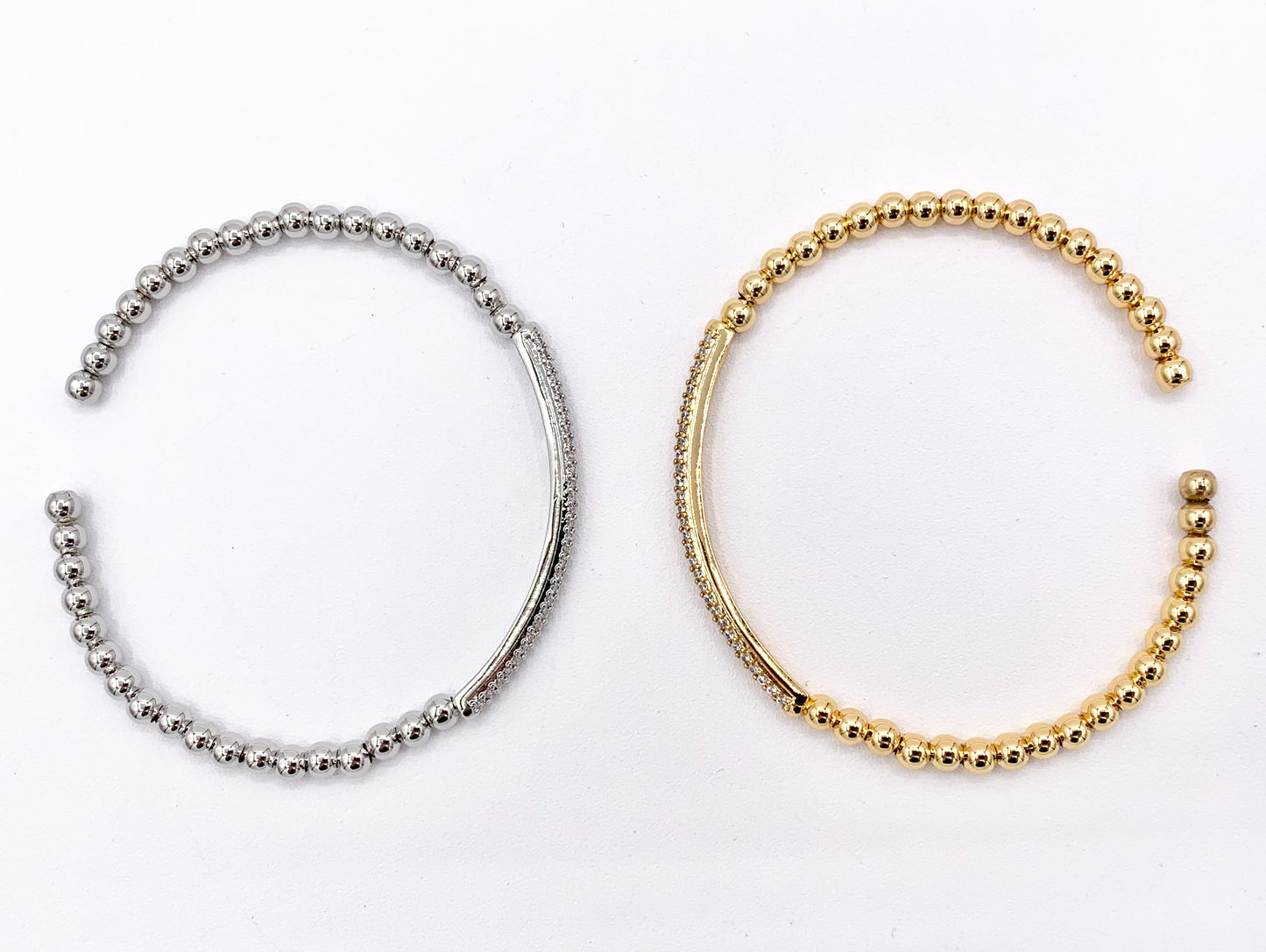 Dainty Stretch Flexible Beaded Rhinestone Bar Bracelet Cuffs in Real Gold/Platinum 18K Plated Copper 2 pcs