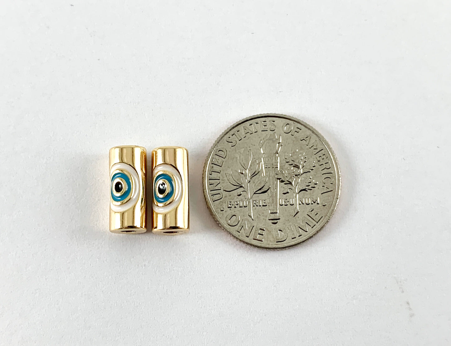 18K Gold Plated Brass Evil Eye Mini Tiny Cylinder Tube Beads 10pc