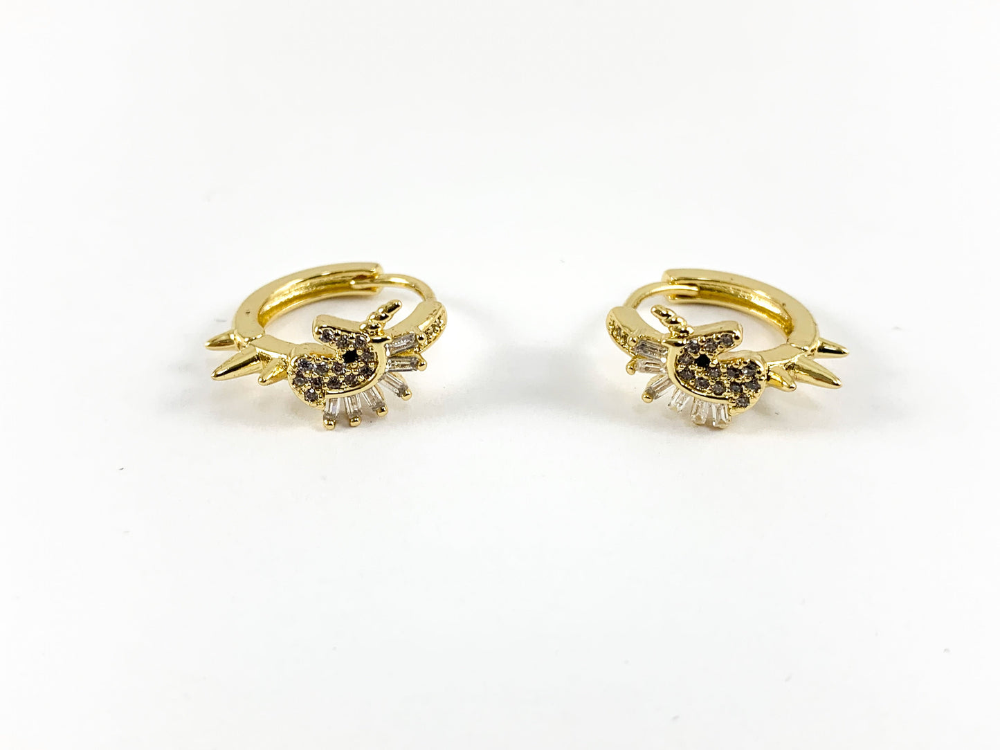 Real Gold Plated CZ Pave Cute Unicorn Spikes Earring Huggies Over Copper 3 pairs