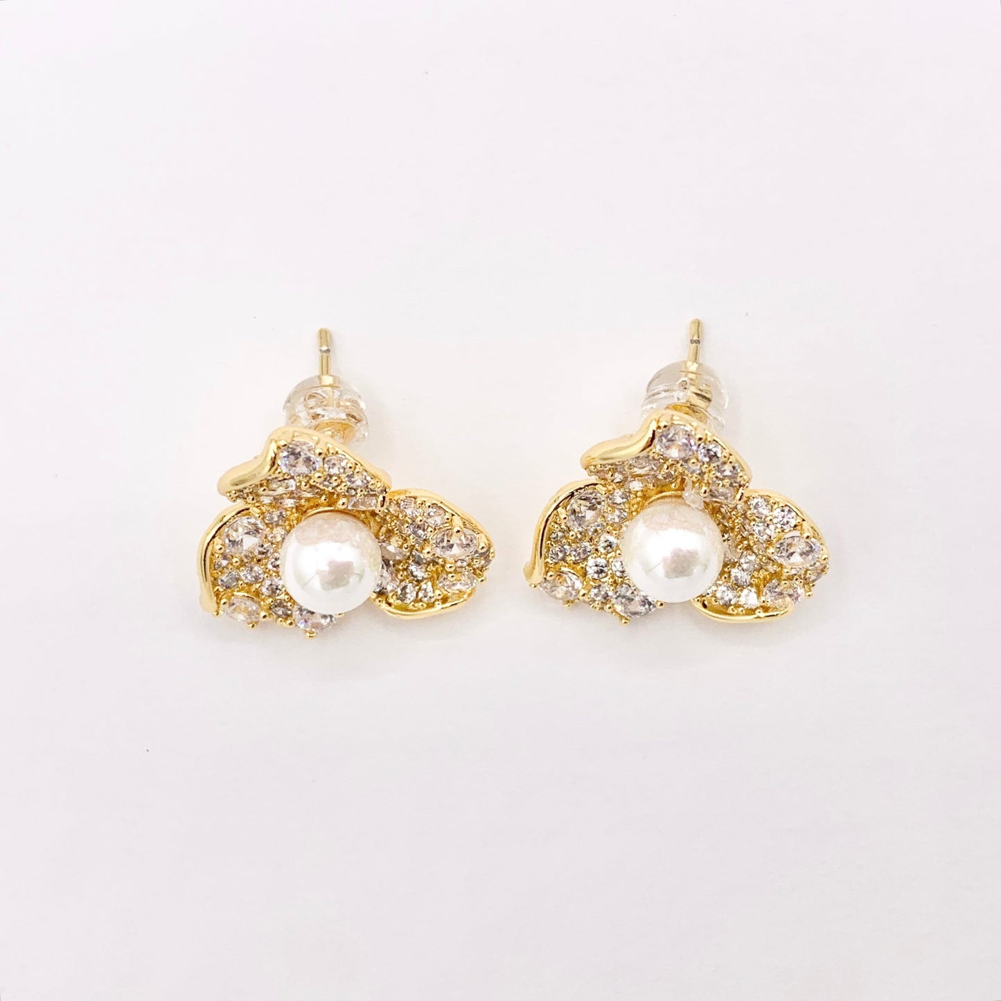 Three Petal CZ Pearl Flower Earring Studs in 18K Gold Plated Copper 2 pairs