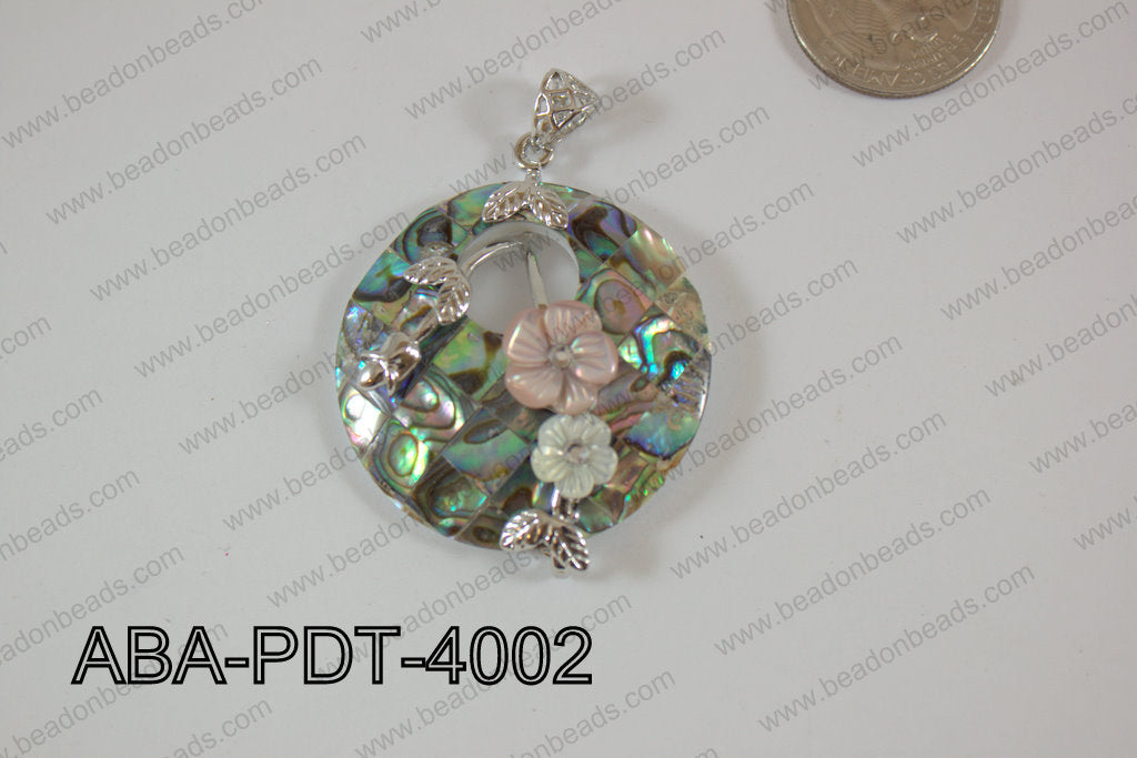 Abalone Pendant Coin with flower 40mm ABA-PDT-4002