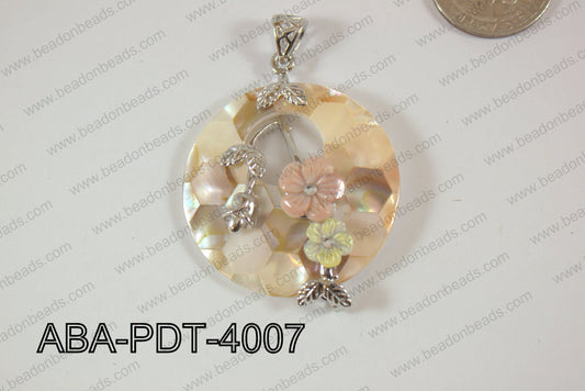 Abalone Pendant Pink Lip Coin with flower 40mm ABA-PDT-4007